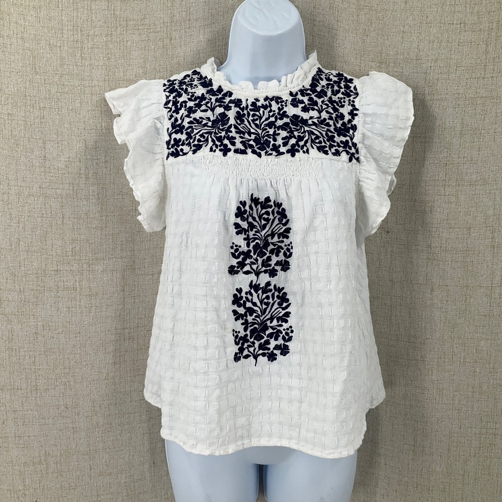THML Embroidered Blouse Womens S White Cotton Ruffle Flutter Boho Cottagecore